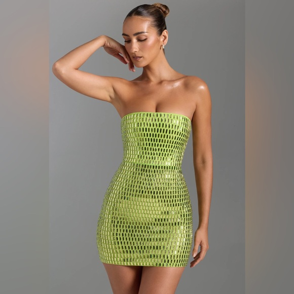 Oh Polly Aurora Embellished Bandeau Mini Dress in Pear Green - Picture 2 of 4